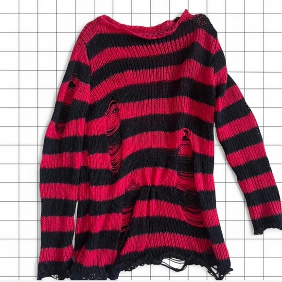 Sweaters - Striped Distressed Knit Sweater - Red & Black
